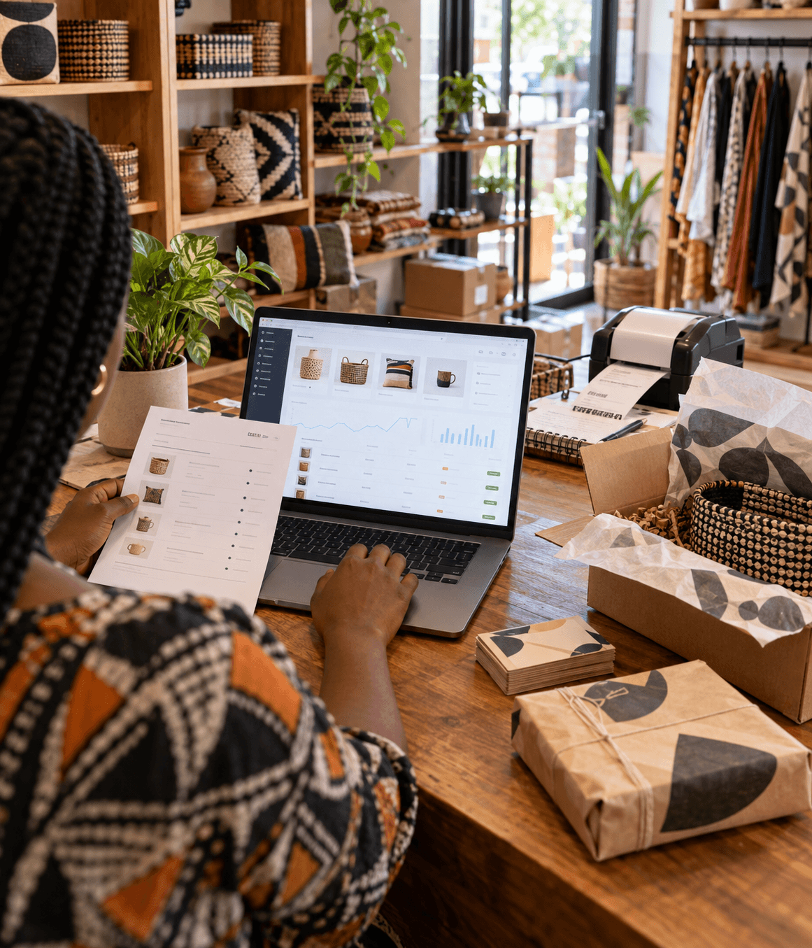 Business owner reviewing online orders and packaged products in a shop