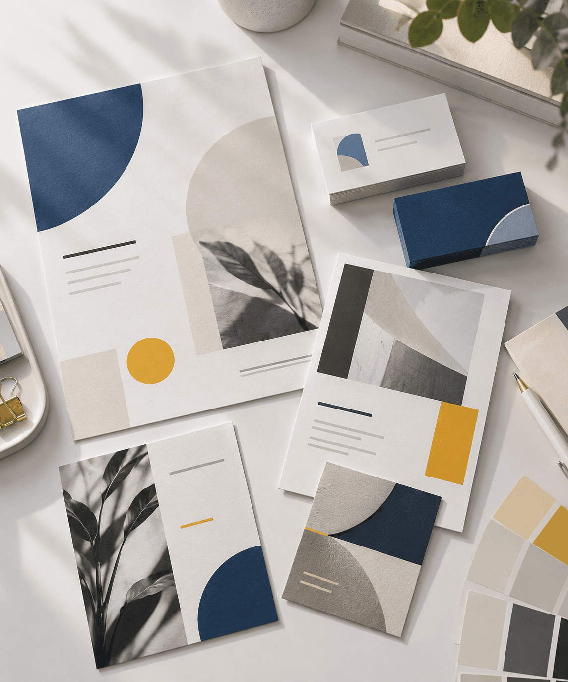 Modern geometric stationery arranged in a flat lay